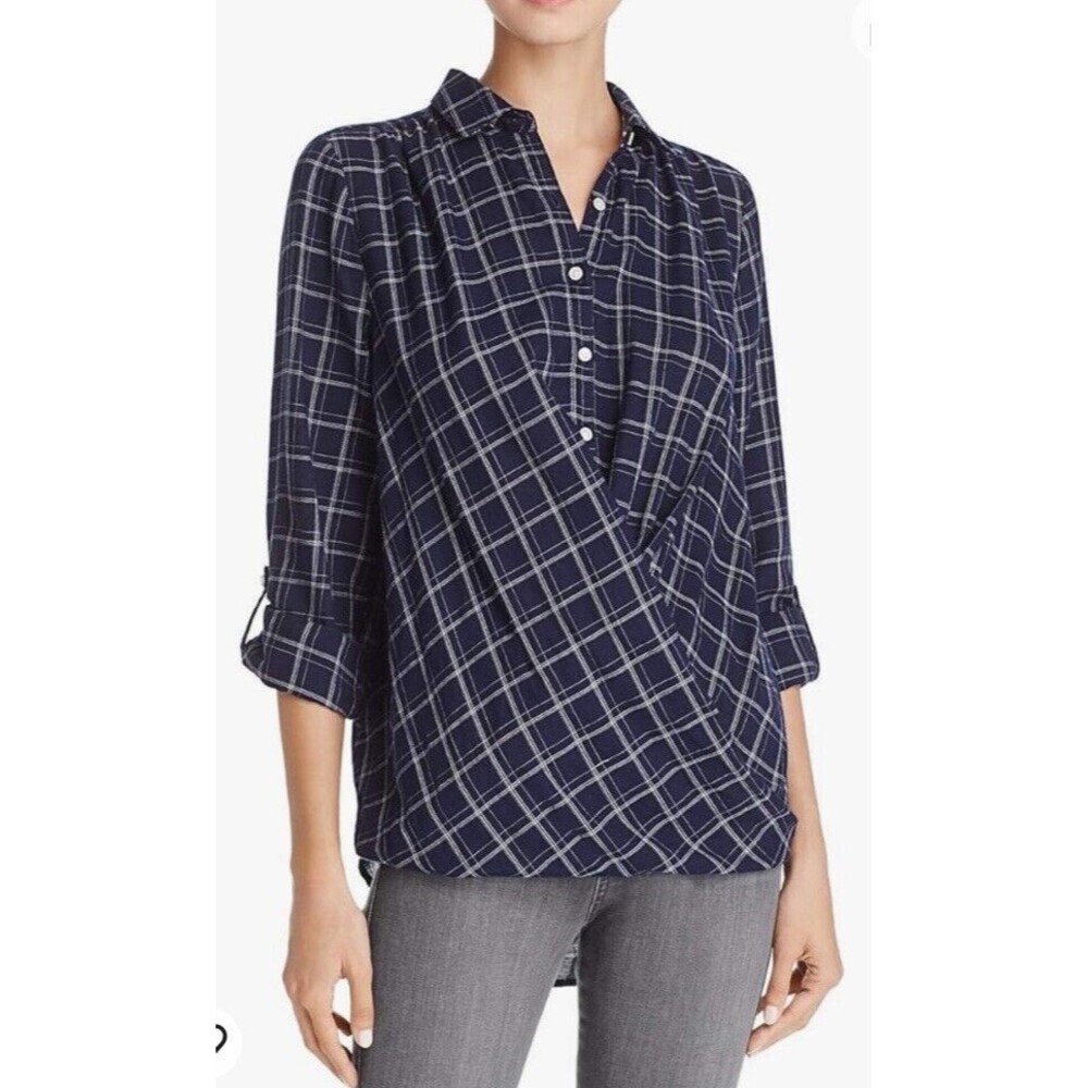 Birds Of Paradise Trovata XS Plaid Criss Cross Button Up Shirt Blue Blouse Top